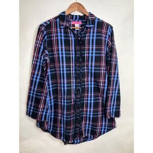 Betsey Johnson Intimates Pajama Top Women L Black Plaid Ruffle Button Lounge Y2K